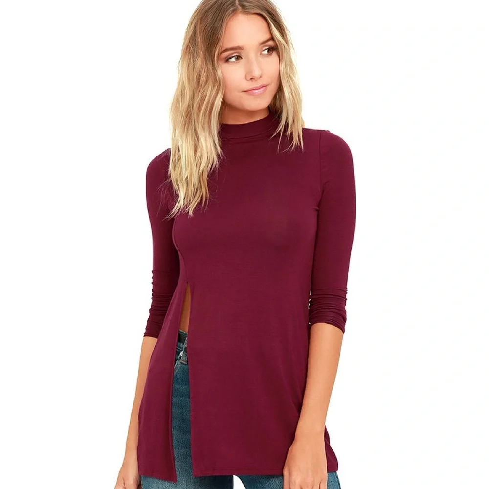 💥 SALE Side Split Mock Neck Long Sleeve Knit Top Burgundy - Picture 4 of 9